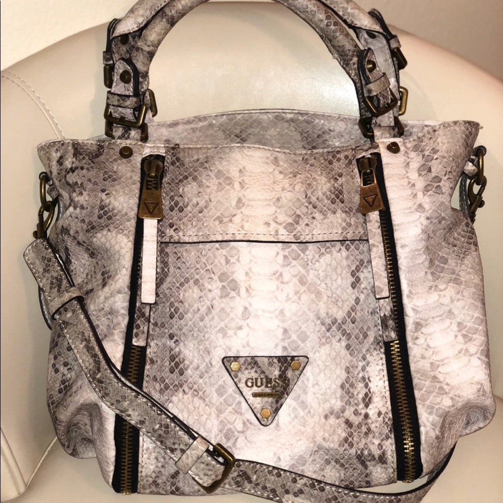 GUESS Presley Double Zip Snakeskin Satchel - SLATE